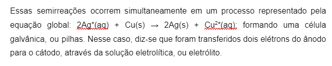 Explicação semirreações células galvânicas