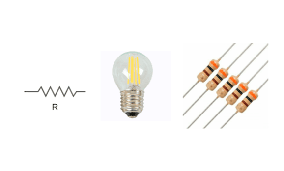 Exemplos de resistores: resistor em um circuito, lâmpada e dispositivo.