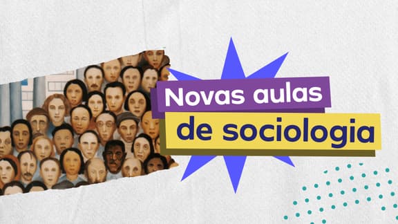 Frase "Novas aulas de Sociologia" do lado direito e, logo a esquerda, a foto de um quadro que retrata a imagem de várias pessoas.