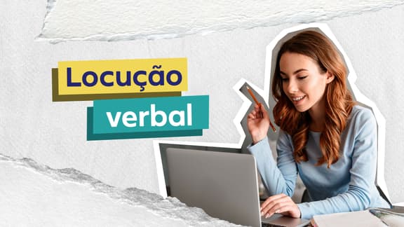 Frase "Locução verbal" do lado esquerdo e, logo a direita, a imagem de uma mulher segurando um lápis. 