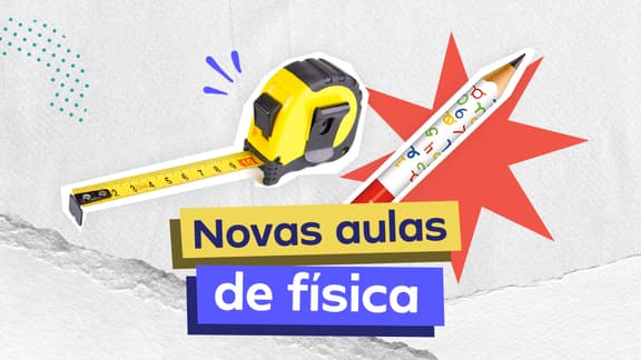 Frase “Novas aulas de Física” ao centro com as imagens de uma trena e um lápis logo acima.