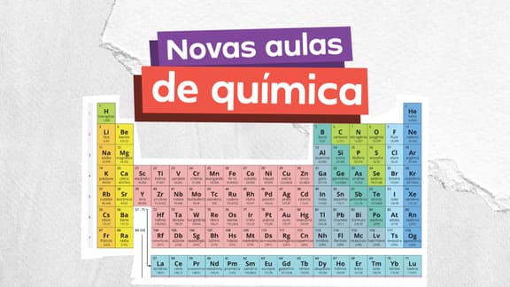 Frase "Novas aulas de Química" e, logo abaixo, a imagem da tabela periódica