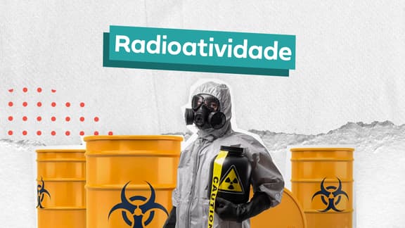 Frase "Radioatividade" ao meio e, logo abaixo, a imagem de pessoas com roupas de proteção.
