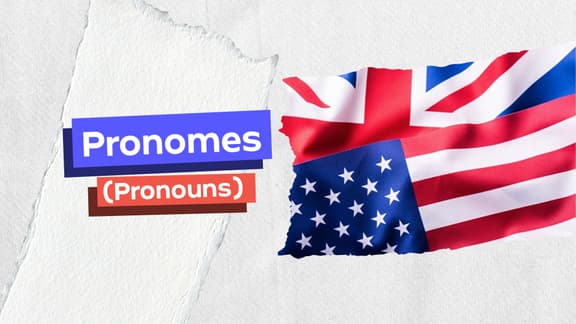 Frase "Pronomes (Pronouns) do lado esquerdo e, logo a direita, a bandeira dos Estados Unidos
