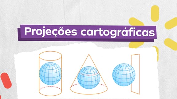 Frase "Projeções cartográficas" centralizada e, logo abaixo, a imagem de 3 das principais formas de representações cartográficas.