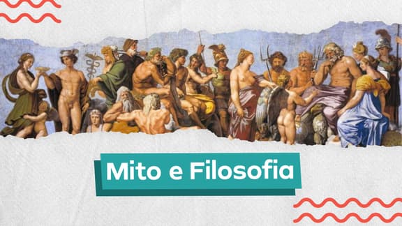 Frase "Mito e Filosofia" centralizada e, logo acima, a imagem de um quadro com várias personalidades.