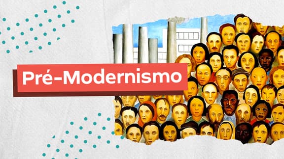 Frase "Pré-modernismo" posicionada a esquerda e, logo a direita, a imagem de um quadro com características típicas do movimento retratado.