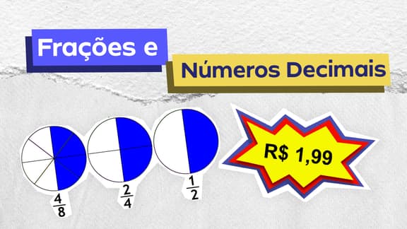 Frase "Frações e números decimais" centralizada e, aos lados, a imagem de gráficos e números decimais