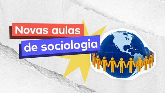 Frase "Novas aulas de Sociologia" do lado esquerdo e, logo a direita, a imagem do planeta Terra rodeada por um círculo de bonecos humanos de mãos dadas.