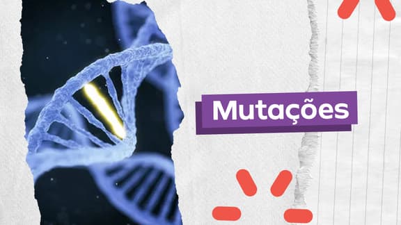 Frase "Mutações" do lado direito e, logo a esquerda, a imagem ampliada de uma molécula de DNA.