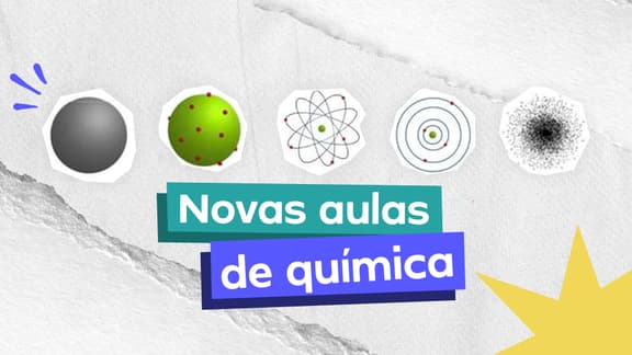 Frase "Novas aulas de Química" centralizada e, logo acima, a imagem de 4 moléculas.