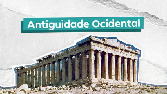 Frase “Antiguidade ocidental” ao centro com a imagem do prédio do Parthenon, na Grécia, logo abaixo.