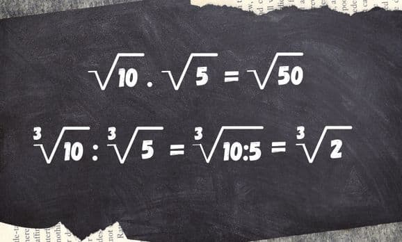 Imagem com exemplos de multiplicação e divisão de radicais
