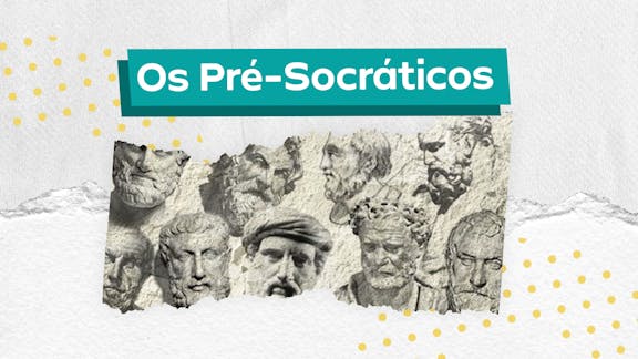 Frase "Pré-Socráticos" centralizada e, logo abaixo, a imagem de várias esculturas de pensadores que representam o grupo retratado no conteúdo.