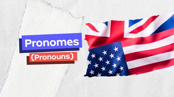 Frase "Pronomes (Pronouns) do lado esquerdo e, logo a direita, a bandeira dos Estados Unidos
