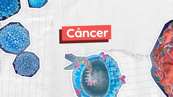 Frase "Câncer" centralizada e, aos lados, as imagens de várias células cancerígenas.