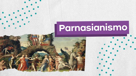 Frase "Parnasianismo" posicionada a direita e, logo a esquerda, a imagem de um quadro com características típicas do movimento retratado.