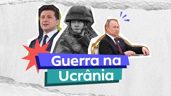 Presidente da Ucrânia, ao lado de um soldado e do presidente da Rússia, ao lado da frase Guerra da Ucrânia