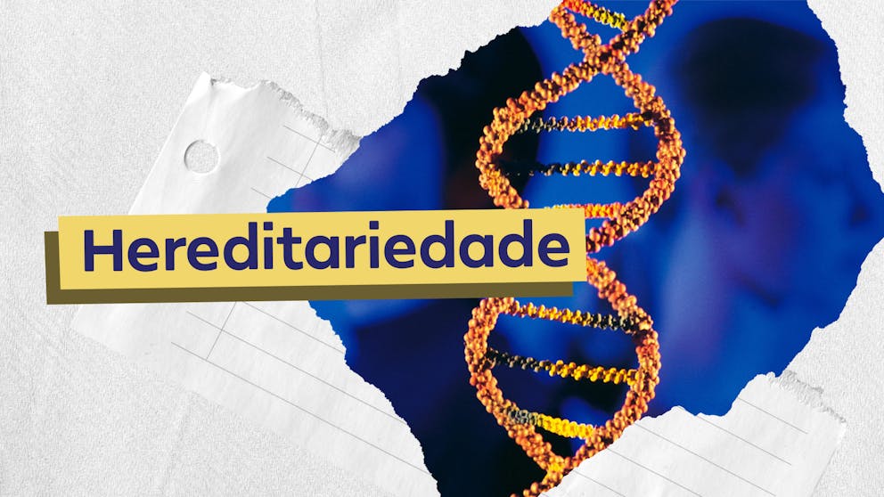 Frase "Hereditariedade" do lado esquerdo e, logo a direita, a imagem de uma célula de DNA.