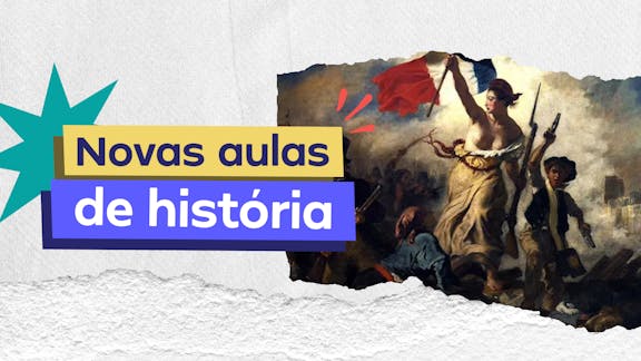 Frase "Novas aulas de História" do lado esquerdo e, logo a direita, a imagem de um famoso quadro que retrata a Revolução Francesa.