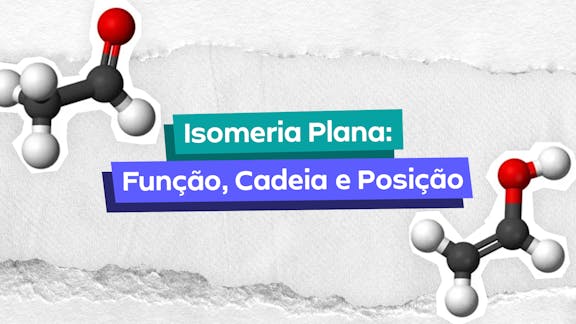 Frase "Química Isomeria Plana - Função, Cadeia e Posição" centralizada e, aos lados, as imagens de algumas moléculas.