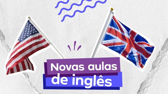 Frase "Novas aulas de inglês" centralizada, a bandeira dos Estados Unidos do lado esquerdo e a bandeira da Grâ-Bretanha do lado direito.